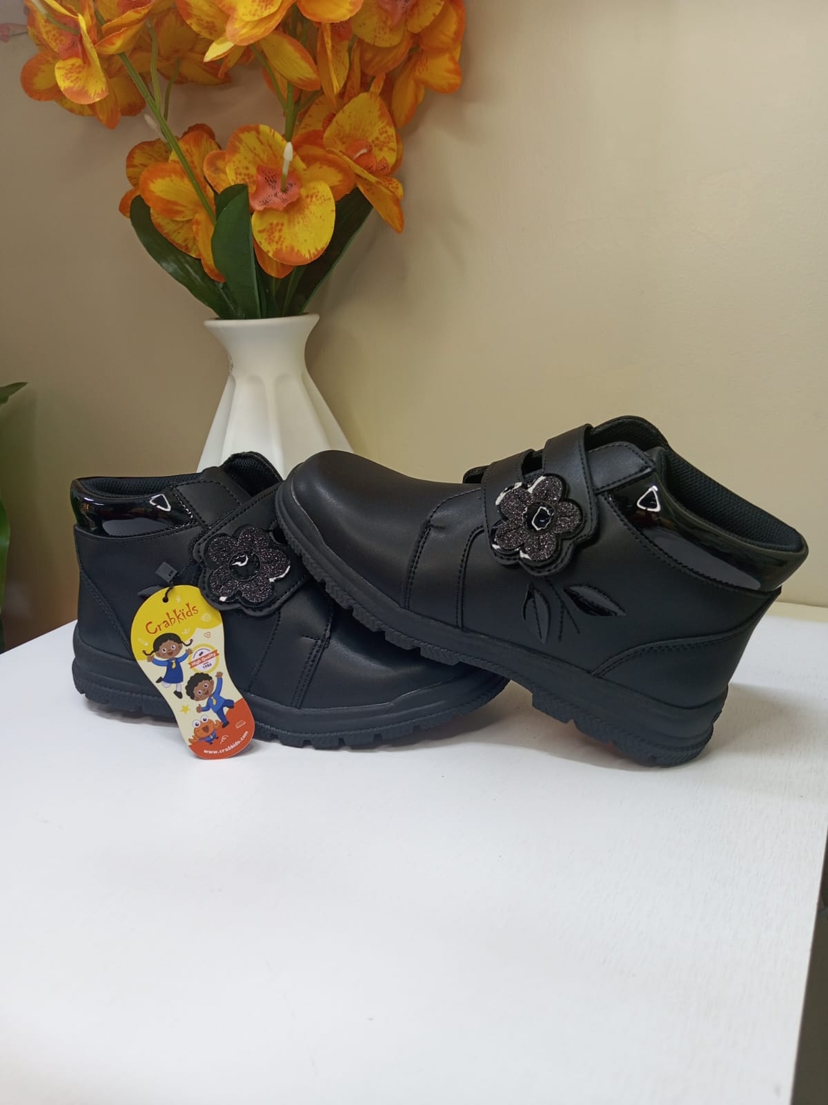 CrabKids Black Flower Velcro School Shoe